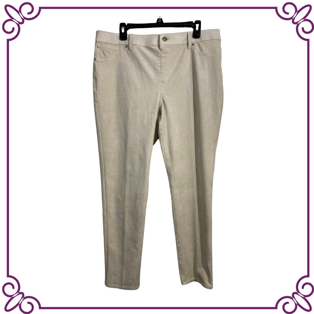 Chico's Pull Up Mid Rise Pants Suede Knit Pants Cream Stretch Size 2.5 US Large